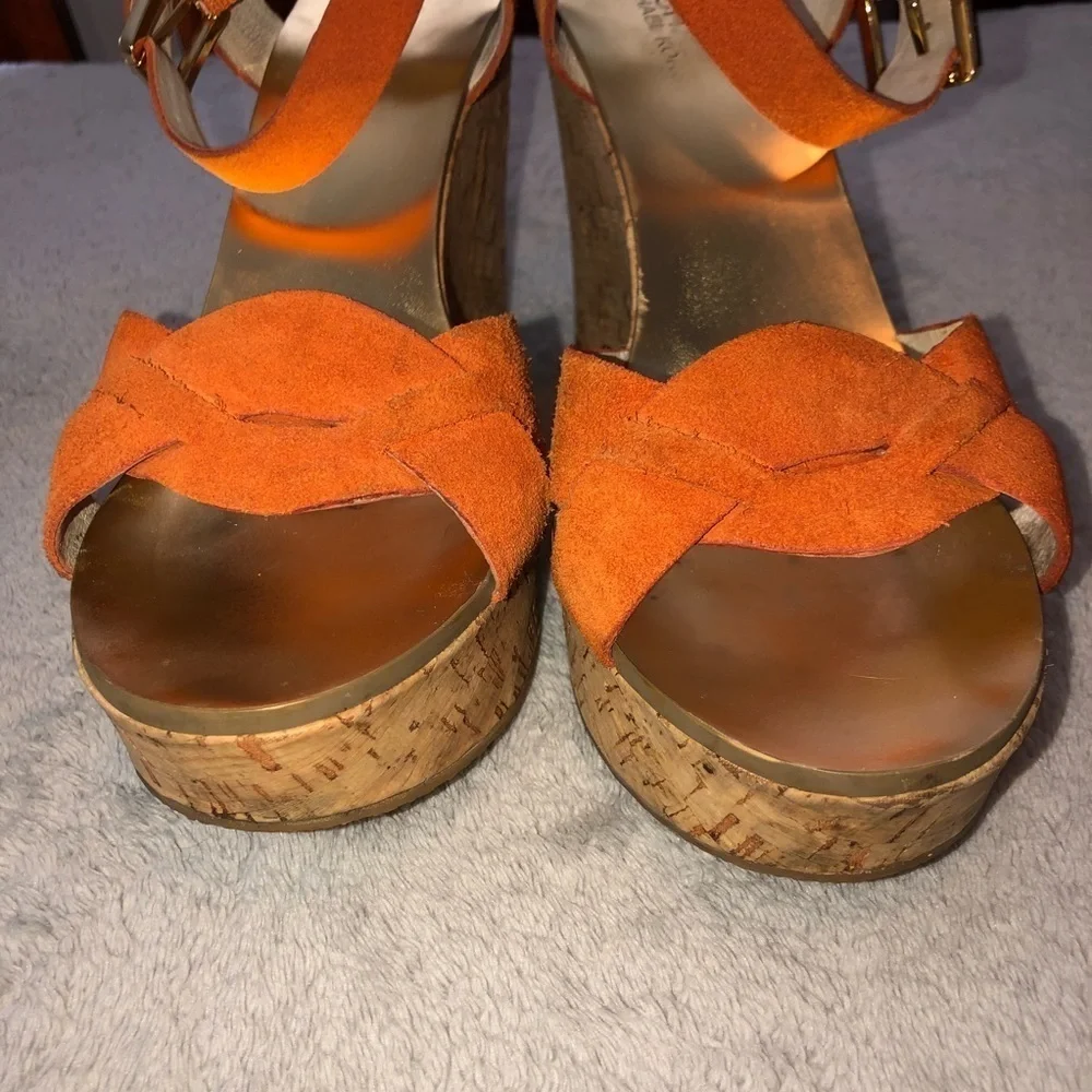 MICHAEL Michael Kors Orange Suede Amber Cork Wedge Ankle Strap Sandals